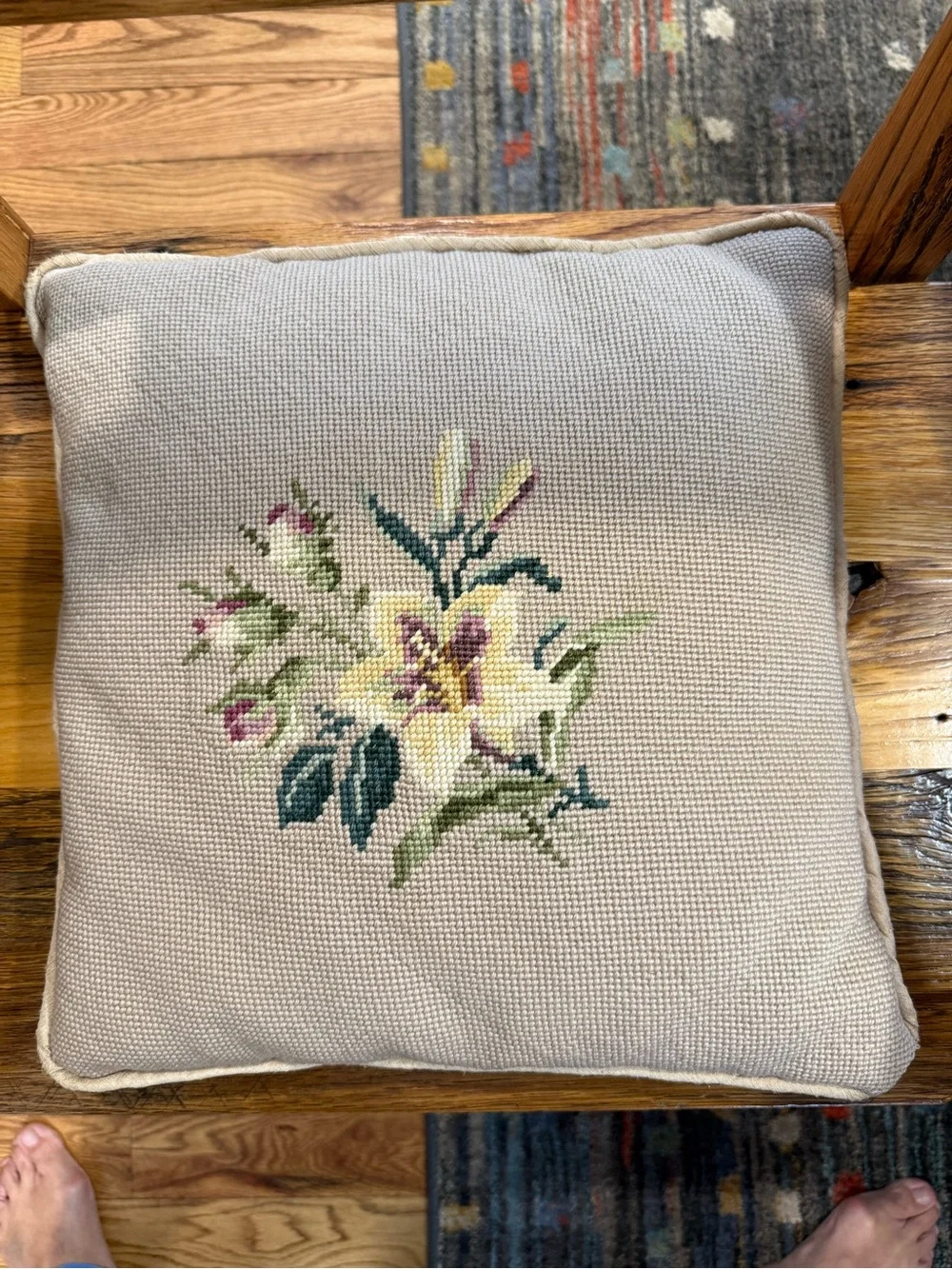 Vintage Beige Floral Needlepoint Throw Pillow - Classic Home Accent